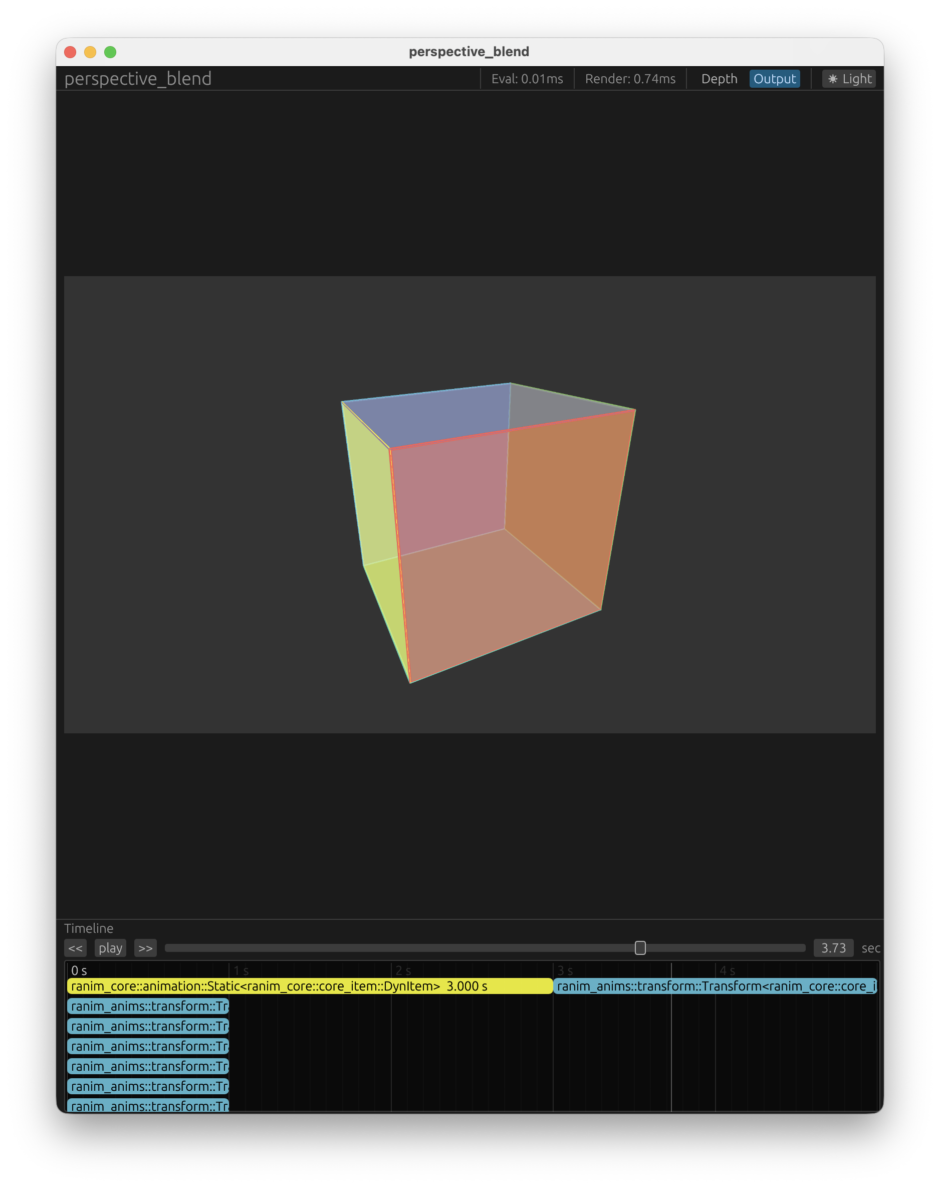 预览 app（eframe）：顶部为 Eval/Render 耗时、Depth/Output 与亮暗切换，底部为逐动画的时间轴（#114）